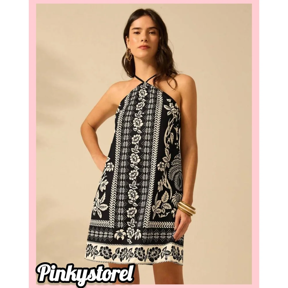 Floral Halter Neck Dress - Black and White - Picture 4 of 7